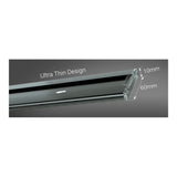 Close-up zijaanzicht van een ultra dunne zwarte LED profielarmatuur met afmetingen 10mm hoogte en 60mm breedte, benadrukt met "Ultra Thin Design" tekst.