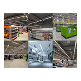 Collage van LED winkelverlichting in verschillende supermarkten en winkels, met focus op plafondaanzicht en verlichting boven winkelstellingen, kassa’s en productdisplays.