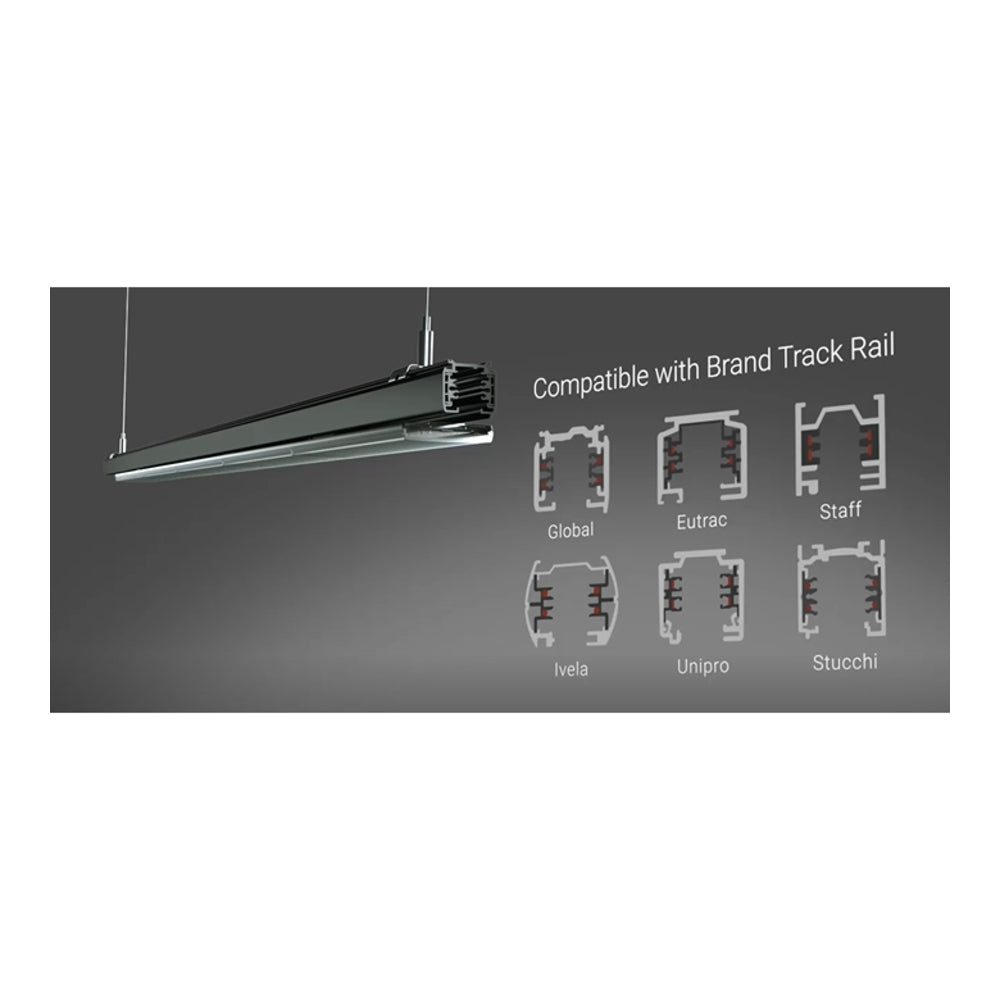Hangende lineaire LED-railverlichting, zijaanzicht, compatibel met meerdere merken spanningsrailsystemen zoals Global, Eutrac, Staff, Ivela, Unipro en Stucchi – moderne industriële verlichtingsoplossing.