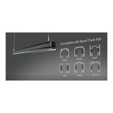 Hangende lineaire LED-railverlichting, zijaanzicht, compatibel met meerdere merken spanningsrailsystemen zoals Global, Eutrac, Staff, Ivela, Unipro en Stucchi – moderne industriële verlichtingsoplossing.
