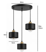 Zwarte hanglamp met drie cilindervormige kappen en gouden accenten, bevestigd aan een ronde plafondplaat van 30 cm diameter, met verstelbare snoeren tot maximaal 150 cm lengte – vooraanzicht met zichtbare afmetingen.
