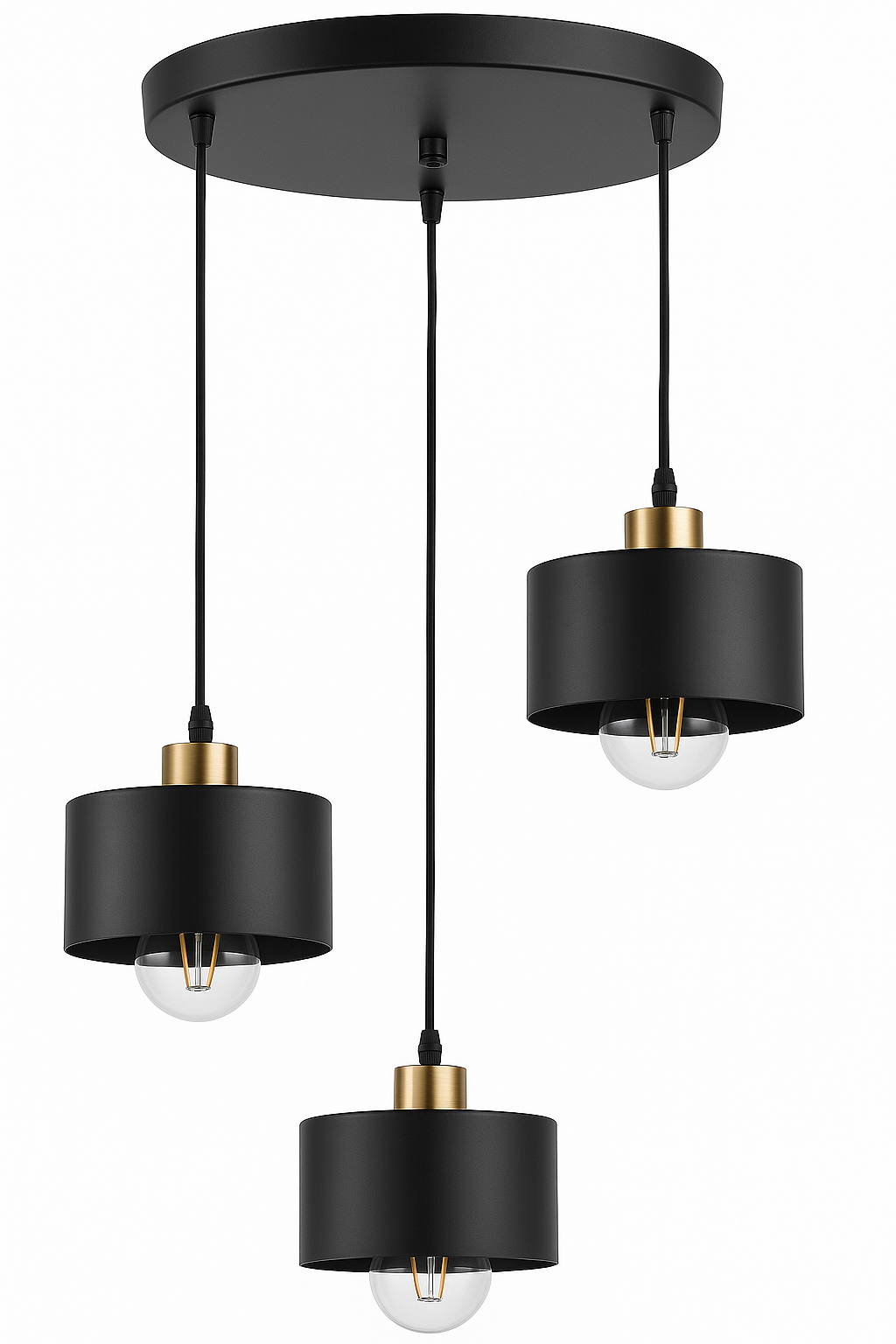 Moderne zwarte hanglamp met drie lichtpunten en goudkleurige accenten, gezien vanaf een schuine onderhoek met zicht op plafondplaat en lampenkappen. Ideaal voor een stijlvolle en eigentijdse interieurinrichting.