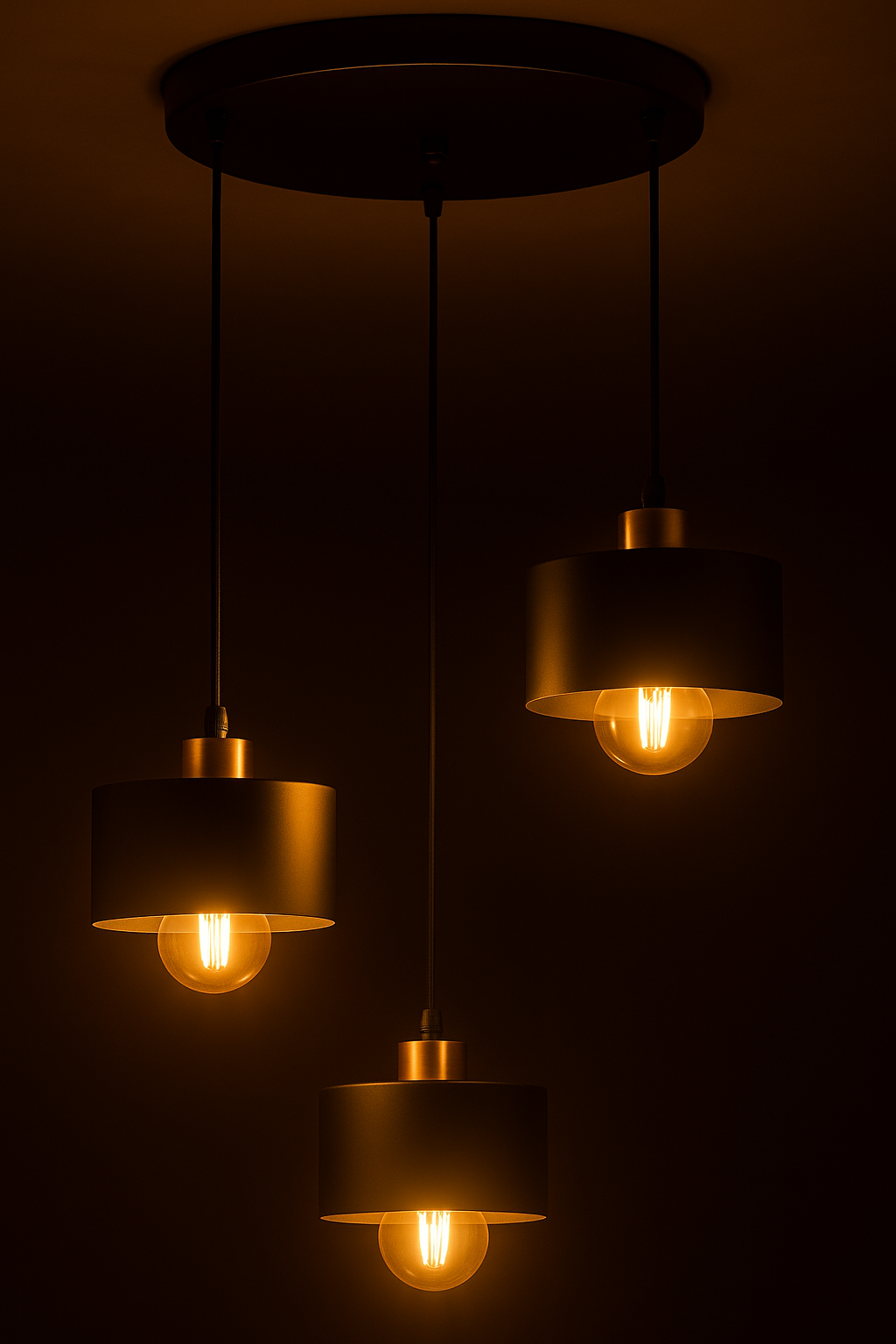 Moderne hanglamp met drie cilindervormige matte zwarte lampenkappen en warme LED gloeilampen, vanuit een licht schuin zijaanzicht gefotografeerd tegen een donkere achtergrond.