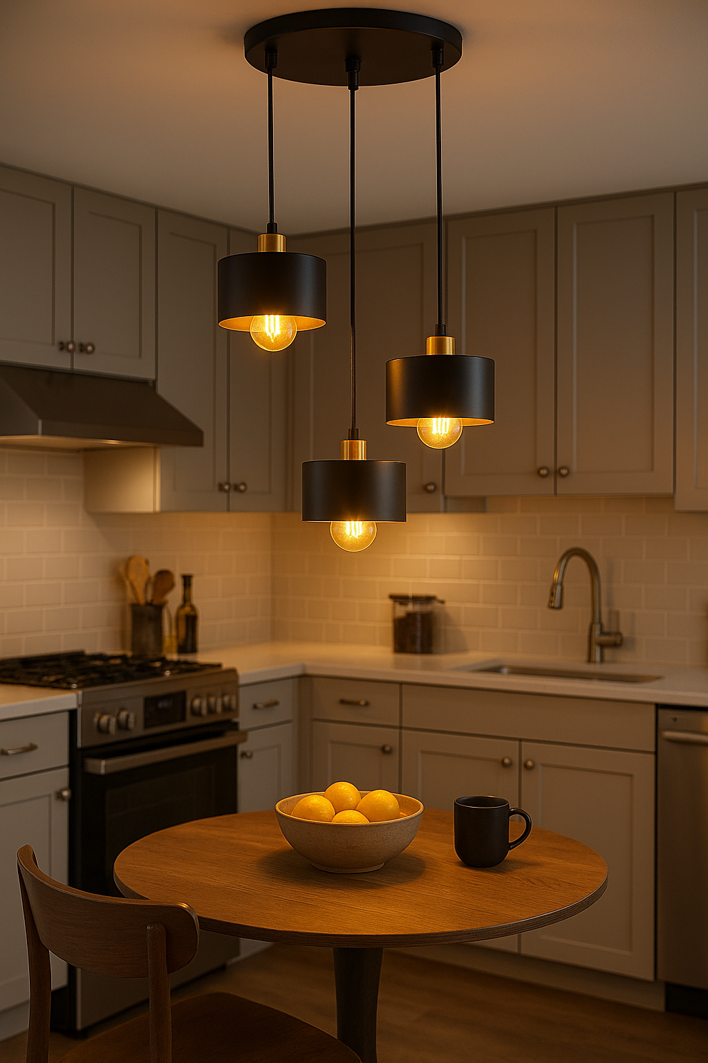 Moderne zwarte hanglampen met warme LED-verlichting boven een ronde houten eettafel in een sfeervolle, eigentijdse keuken – vooraanzicht.