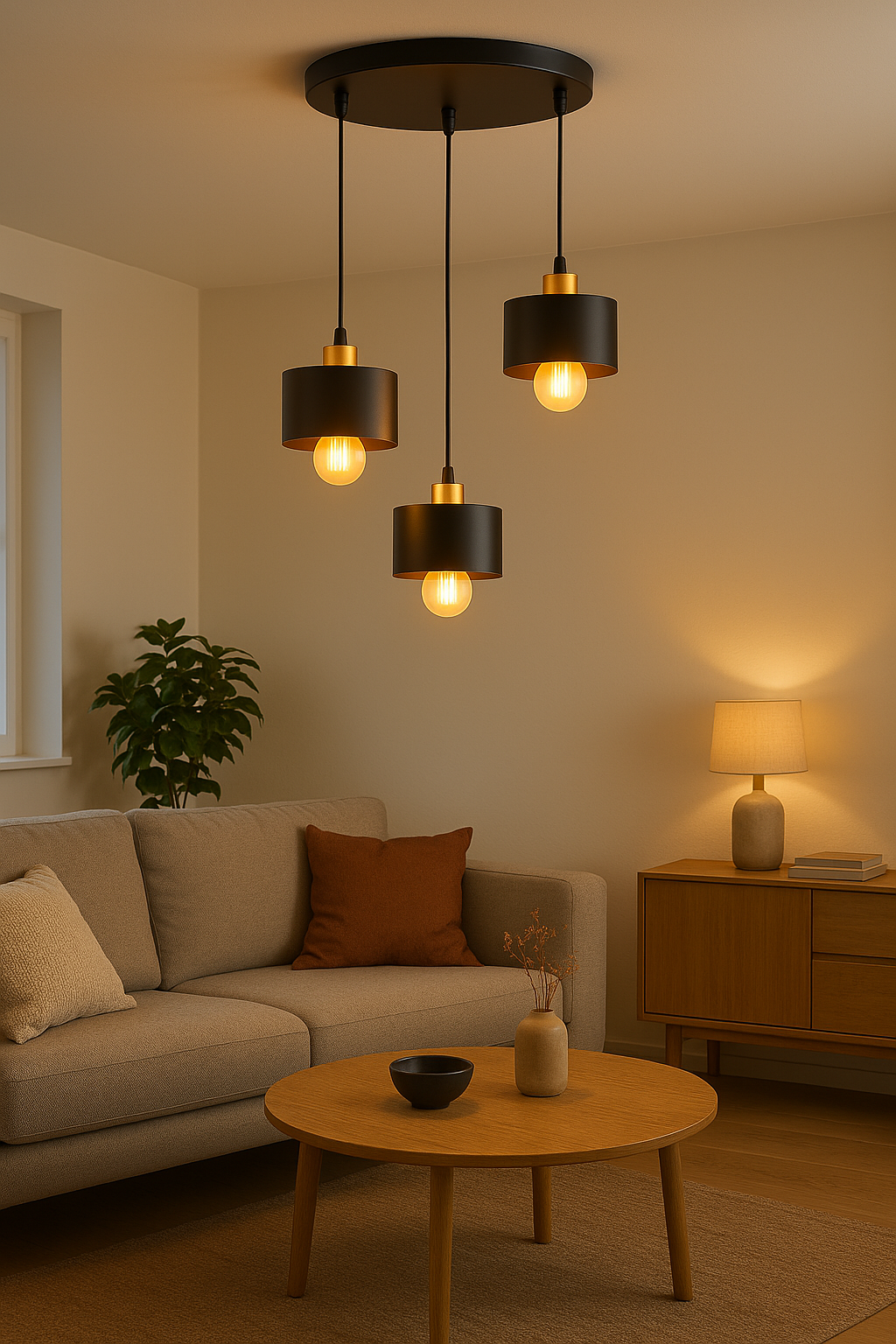 Zwarte moderne plafondlamp met drie hangende fittingen en warm licht, weergegeven in een sfeervolle woonkamer vanuit een frontaal perspectief.