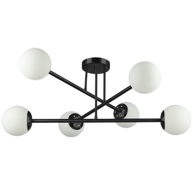 Moderne zwarte plafondlamp met zes witte bolvormige glazen kappen in geometrisch design, frontaal aanzicht.