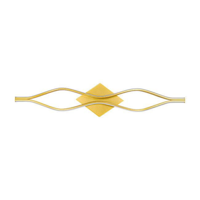 Gouden decoratieve sierlijst met golvend ontwerp en ruitvormig accent in het midden, vooraanzicht.