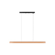 Moderne hanglamp met houten balk en zwarte plafondbevestiging, vooraanzicht, minimalistisch design ideaal voor eetkamer of keukenverlichting.