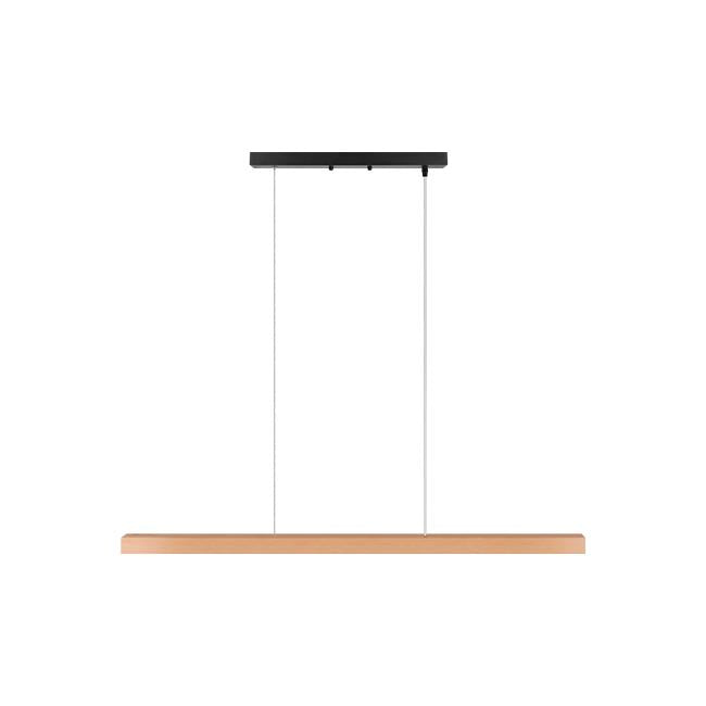 Moderne hanglamp met houten balk en zwarte plafondbevestiging, vooraanzicht, minimalistisch design ideaal voor eetkamer of keukenverlichting.