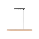 Moderne hanglamp met houten balk en zwarte plafondbevestiging, vooraanzicht, minimalistisch design ideaal voor eetkamer of keukenverlichting.