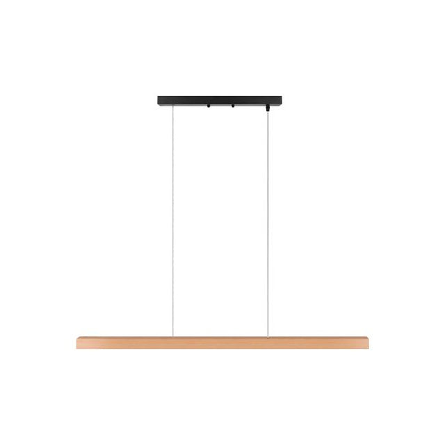 Moderne hanglamp met houten balk en zwarte plafondbevestiging, vooraanzicht, minimalistisch design ideaal voor eetkamer of keukenverlichting.