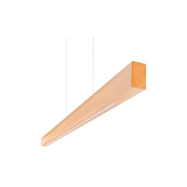 Houten hanglamp met langwerpig design en geïntegreerde LED-verlichting, schuin zijaanzicht tegen een witte achtergrond.