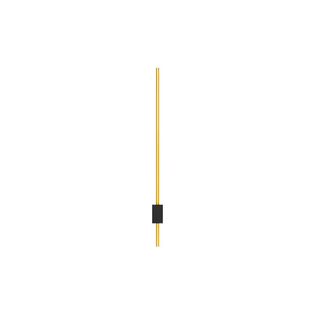 Gouden pendellamp met minimalistisch design, vooraanzicht, met een smalle verticale stang en zwarte bevestiging in het midden tegen een witte achtergrond.