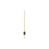Gouden pendellamp met minimalistisch design, vooraanzicht, met een smalle verticale stang en zwarte bevestiging in het midden tegen een witte achtergrond.