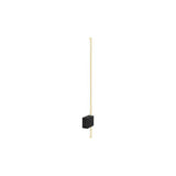 Moderne verticale wandlamp met minimalistisch ontwerp, zwarte rechthoekige wandbevestiging en slanke gouden LED-lichtstang, zijaanzicht.