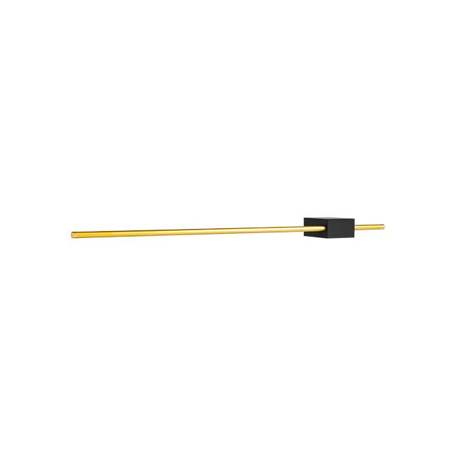 Moderne wandlamp met langwerpige gouden arm en zwarte wandbevestiging, zijaanzicht.