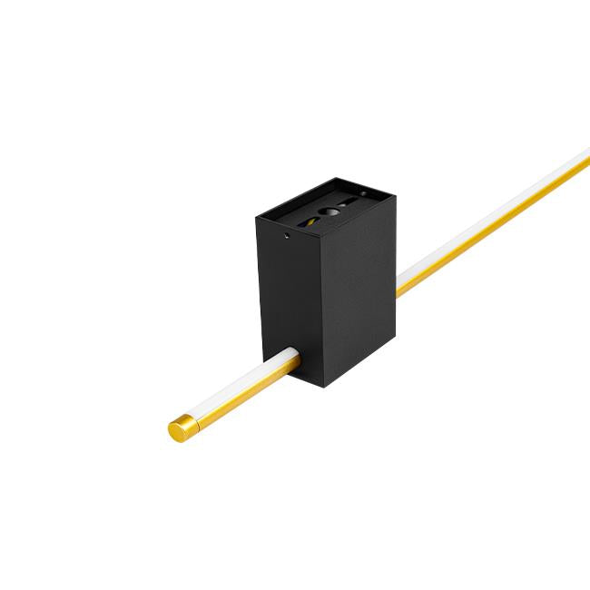 Moderne zwarte LED railspot houder met goudkleurige lineaire lichtbuis, zijaanzicht van verlichtingsarmatuur voor railverlichtingssystemen.