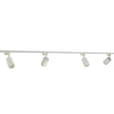 Wit railverlichting-systeem met vier verstelbare spots, frontaal aanzicht tegen een witte achtergrond.