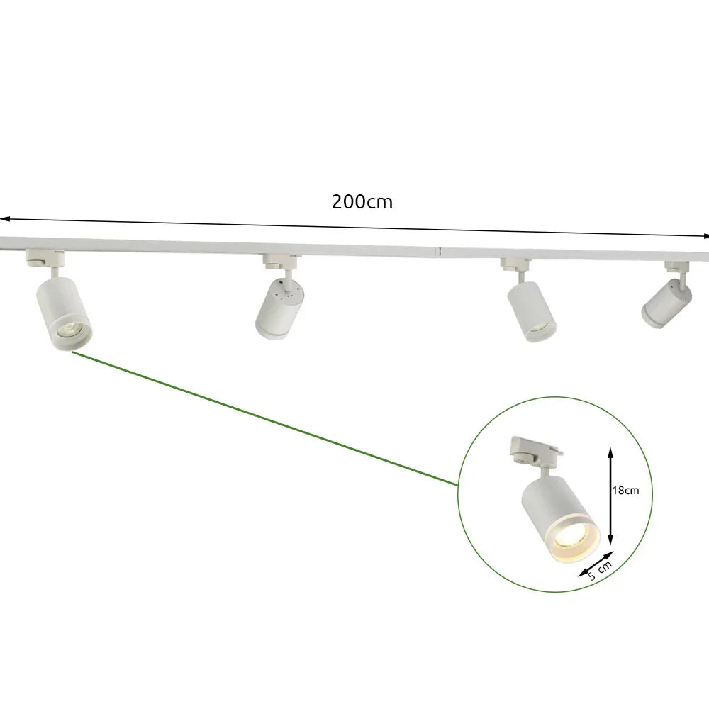 Wit railverlichtingssysteem met vijf verstelbare cilindervormige spots op een rail van 200 cm lengte, vooraanzicht met detailweergave van één spot (18 cm hoog, 5 cm diameter). Ideaal voor moderne interieurverlichting met gerichte lichtbundels.