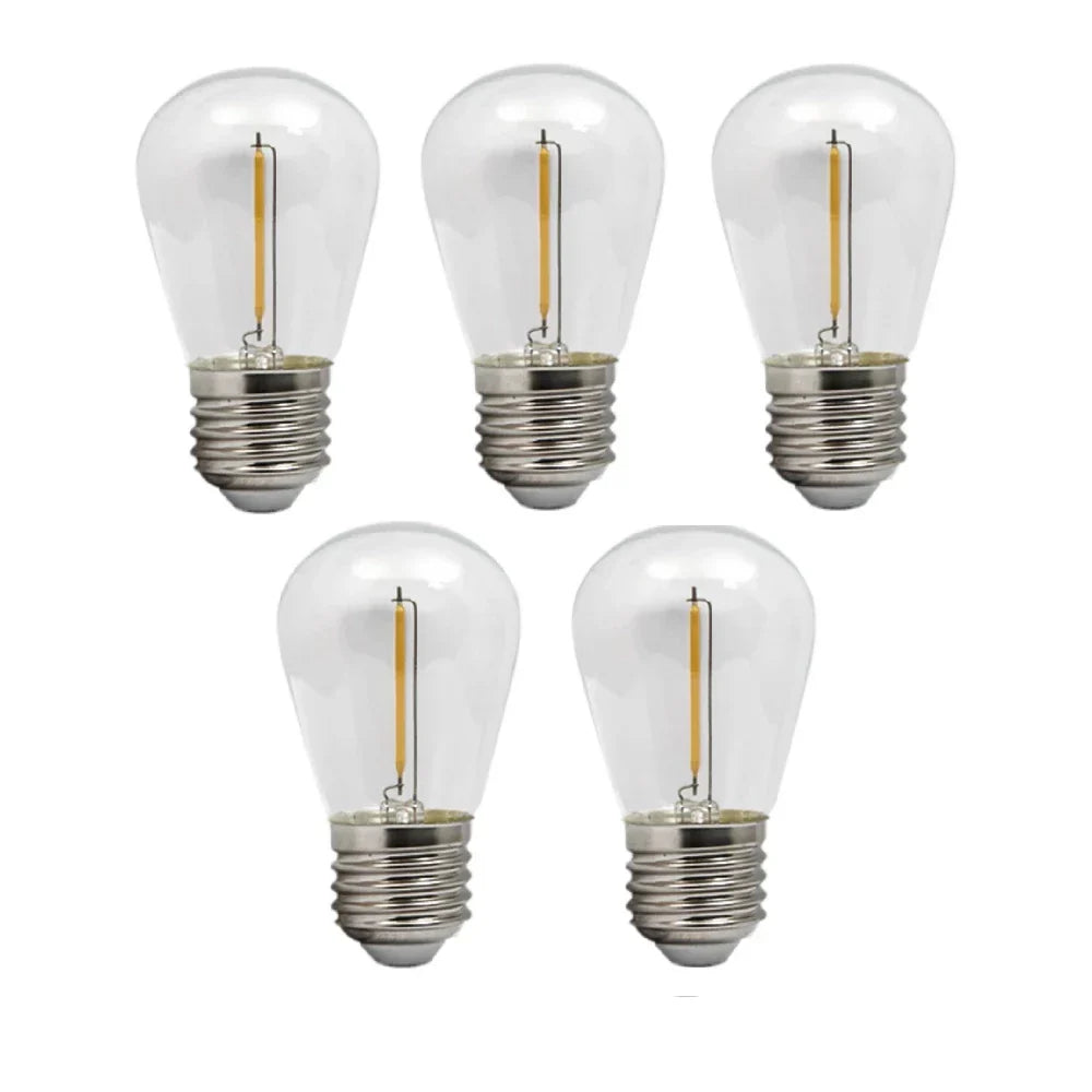 Set van vijf heldere LED lampen met E27 fitting, recht van voren weergegeven, geschikt voor energiezuinige verlichting met filament design.