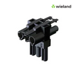 Wieland elektrische connector – zwart kunststof component, schuin vooraanzicht, met dubbele ronde aansluitpoorten en vergrendelingshaak, gebruikt voor industriële elektrotechnische toepassingen.