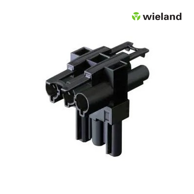 Wieland elektrische connector – zwart kunststof component, schuin vooraanzicht, met dubbele ronde aansluitpoorten en vergrendelingshaak, gebruikt voor industriële elektrotechnische toepassingen.