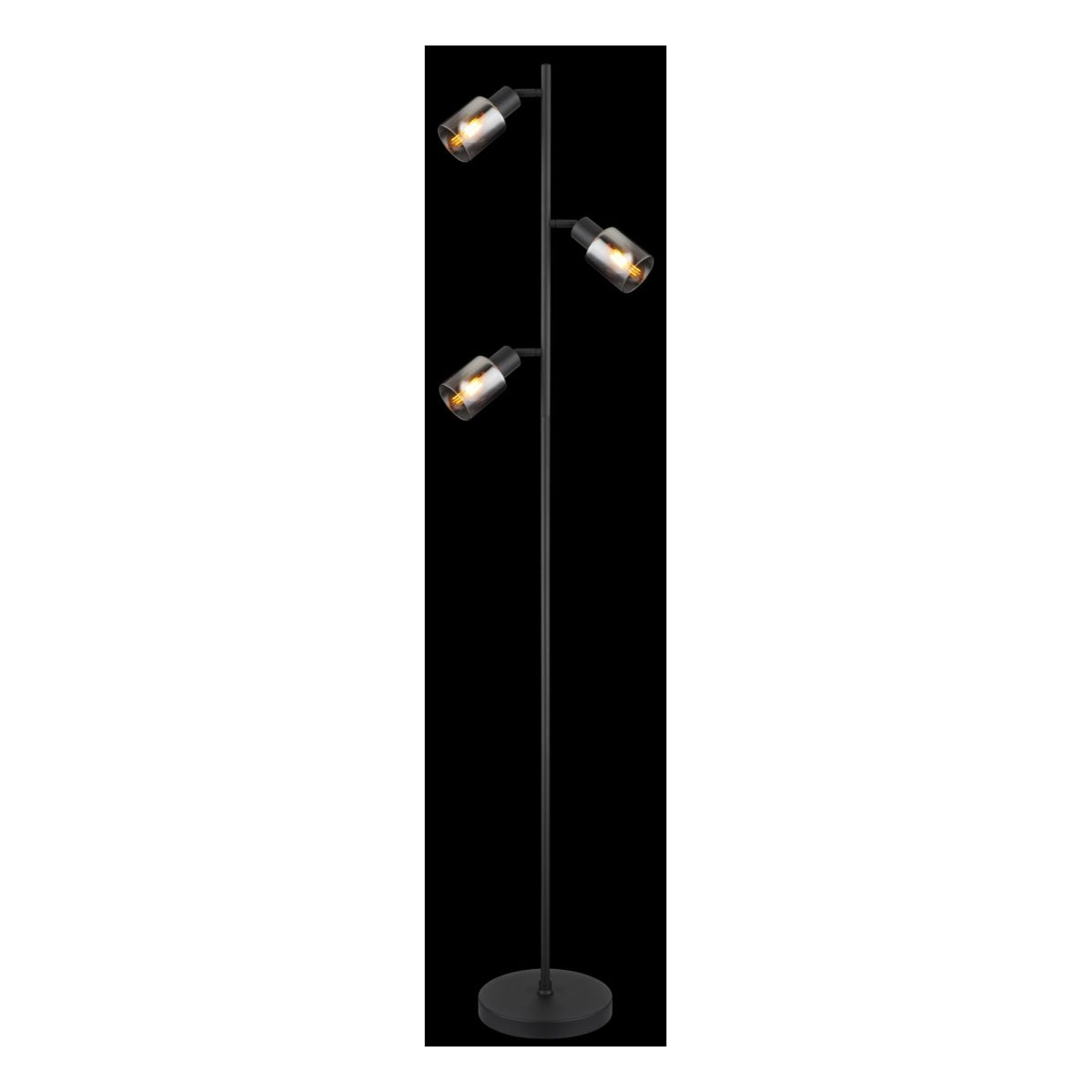 Staande lamp met drie verstelbare spots in zwarte afwerking en rookglas kappen, vooraanzicht tegen zwarte achtergrond.