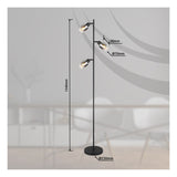 Zwarte industriële vloerlamp met drie verstelbare spots en glazen kappen, weergegeven in vooraanzicht tegen een moderne woonkamerachtergrond; productafmetingen zichtbaar: hoogte 1540 mm, voetdiameter 230 mm, spotdiameter 70 mm en armlengte 80 mm.