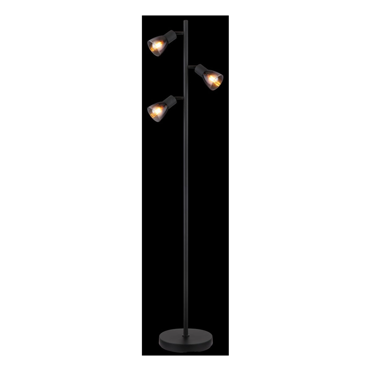 Staande zwarte vloerlamp met drie verstelbare spots, modern industrieel design – vooraanzicht tegen zwarte achtergrond.