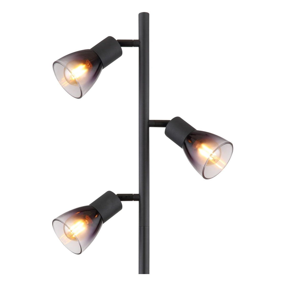 Moderne zwarte staande lamp met drie verstelbare glazen kapjes in gerookt glas, met zicht op de zijkant van de lamp tegen een witte achtergrond.