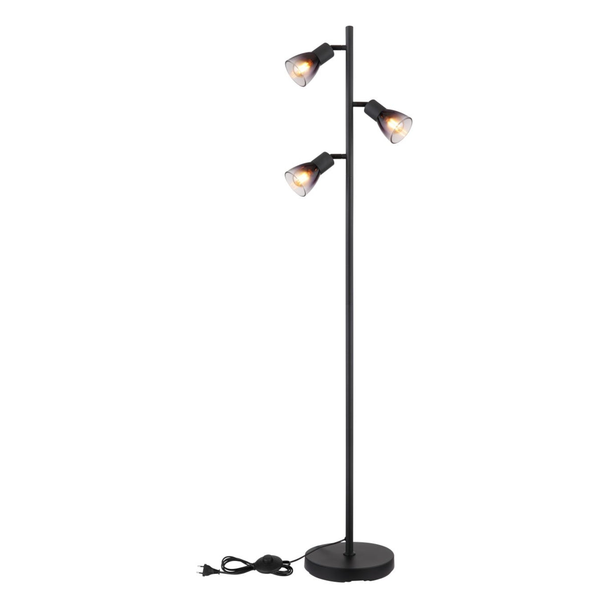 Zwarte staande vloerlamp met drie verstelbare spotlampen, modern design, vooraanzicht tegen een witte achtergrond.