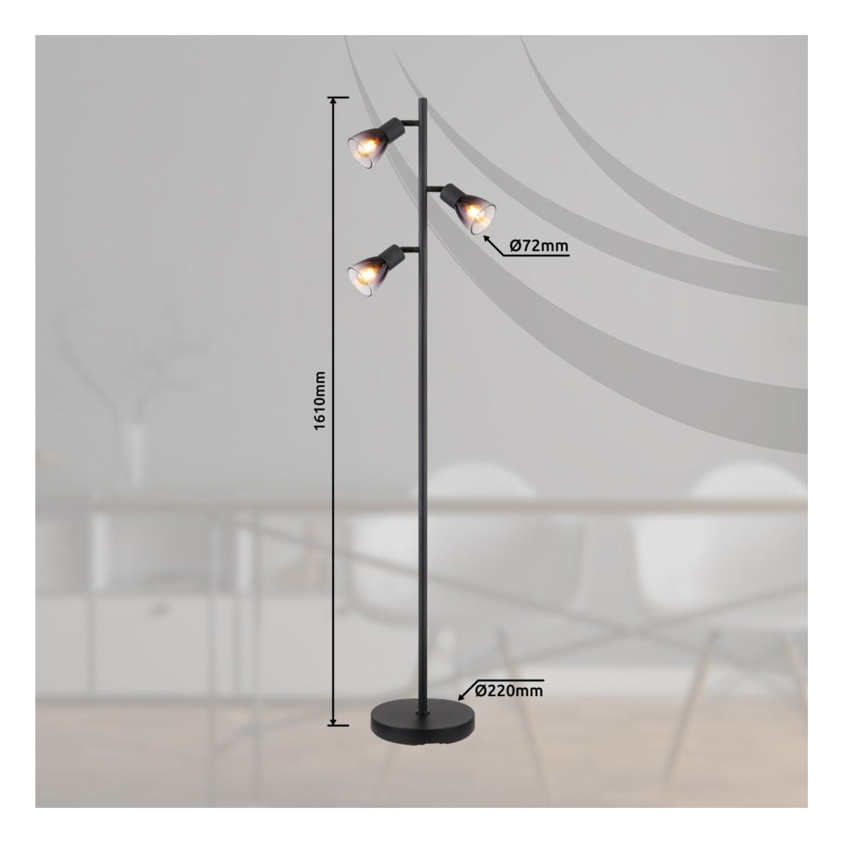 Staande zwarte vloerlamp met drie verstelbare spots, weergegeven in een frontaal aanzicht tegen een moderne interieurachtergrond, met afmetingen van 1610 mm hoogte, 220 mm voetdiameter en 72 mm spotdiameter.
