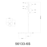 Technische lijntekening van vloerlamp model 56133-6S met zes bollen, vooraanzicht en bovenaanzicht, inclusief exacte afmetingen in centimeters voor hoogte, breedte en diameter van de lampenkappen.