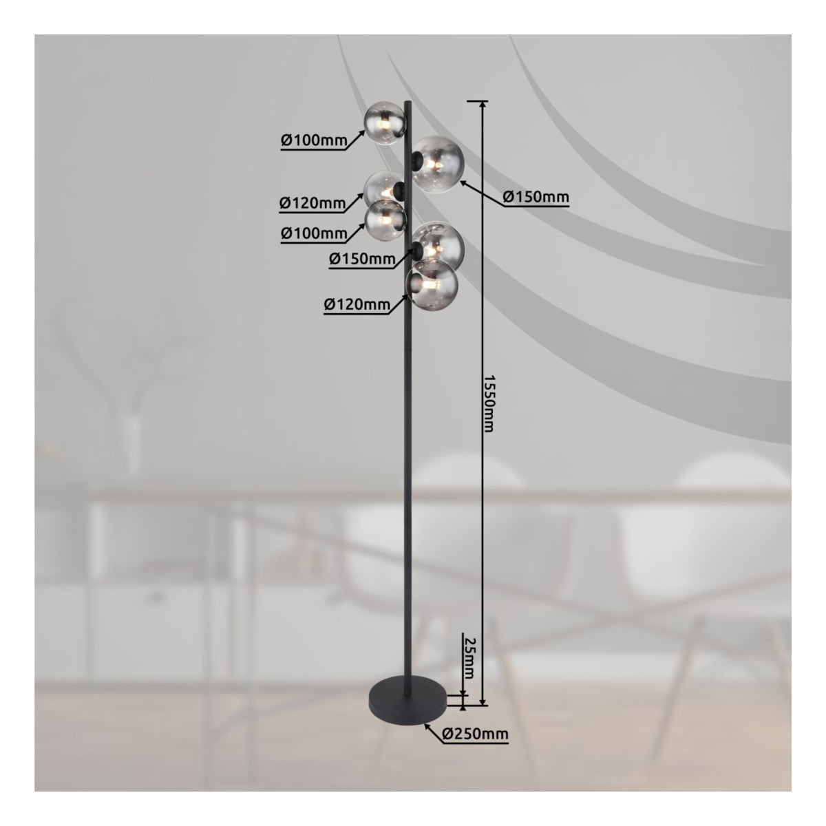 Staande lamp met meerdere glazen bollen in verschillende diameters (100mm, 120mm, 150mm), hoogte 1550mm, voetdiameter 250mm; zijaanzicht van modern design vloerlamp tegen een minimalistisch interieur op achtergrond.