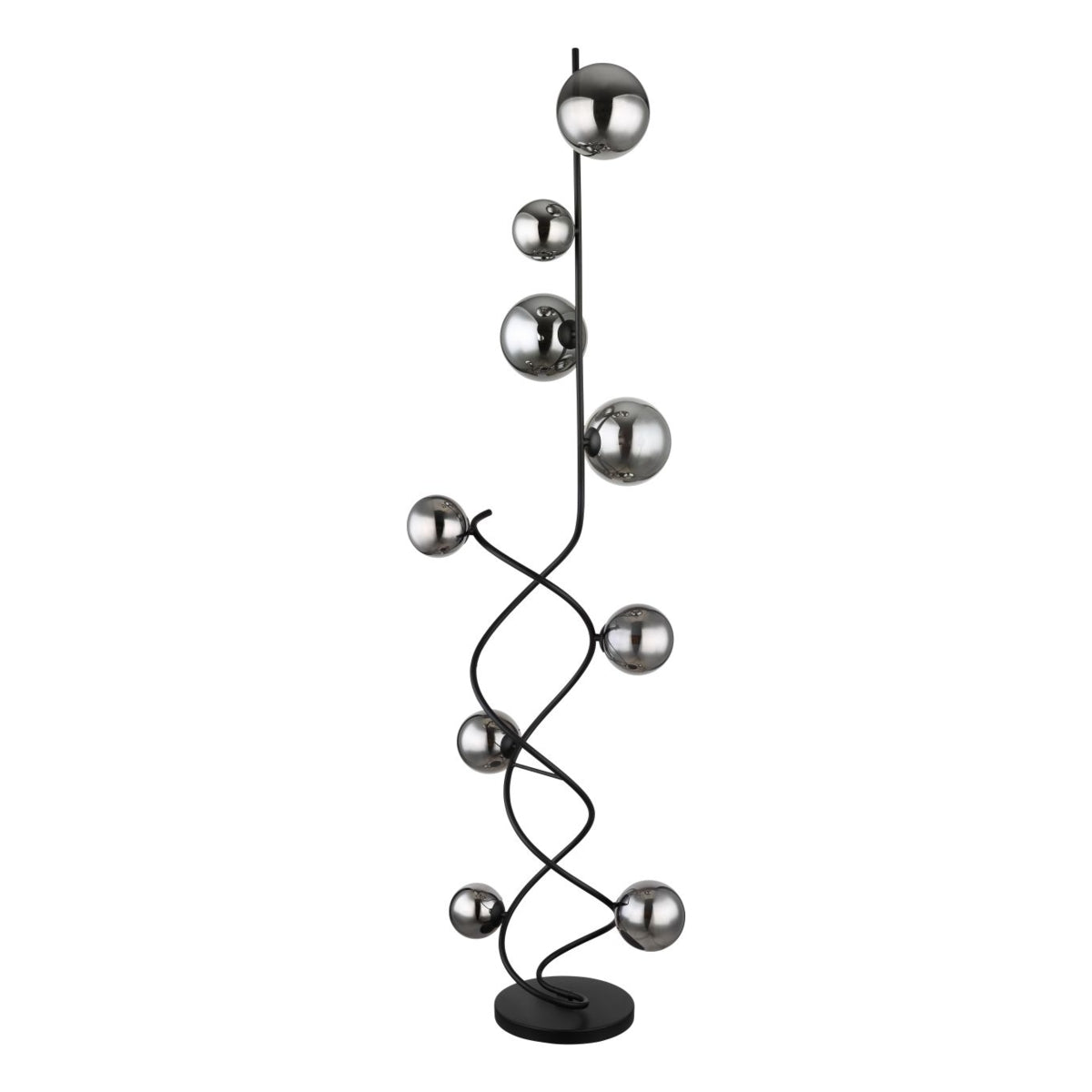 Moderne design vloerlamp met zwarte spiraalvormige standaard en meerdere spiegelende chromen bollen, gefotografeerd in een frontaal aanzicht tegen een witte achtergrond.