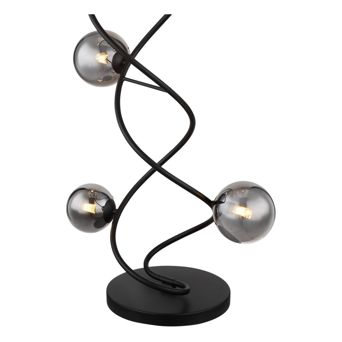 Moderne zwarte tafellamp met drie rokerig glazen bollen en sierlijk gedraaide metalen armen, vooraanzicht op witte achtergrond.
