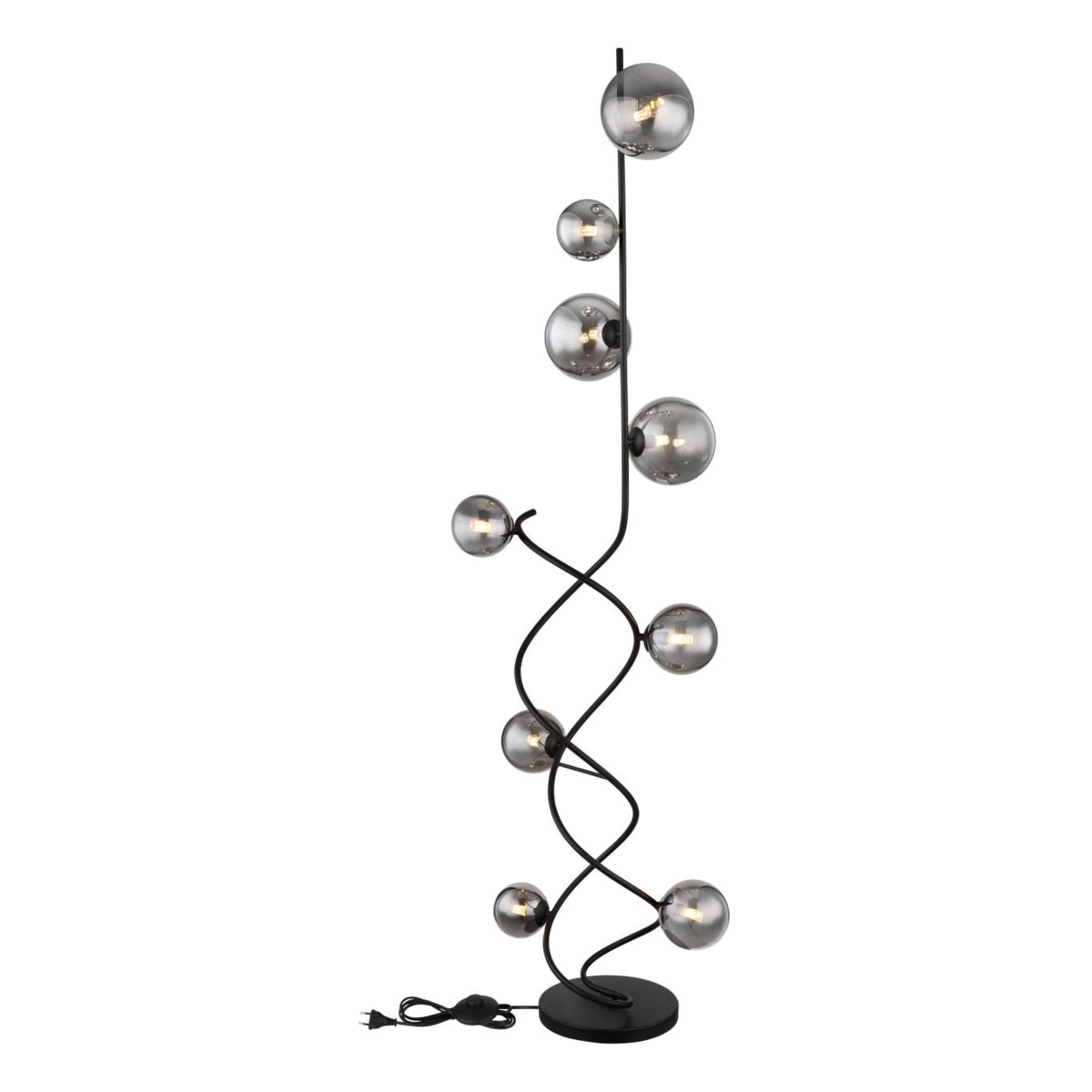 Staande design vloerlamp met zwarte metalen spiraalvormige standaard en meerdere rookglas bollen, frontaal aanzicht tegen witte achtergrond.