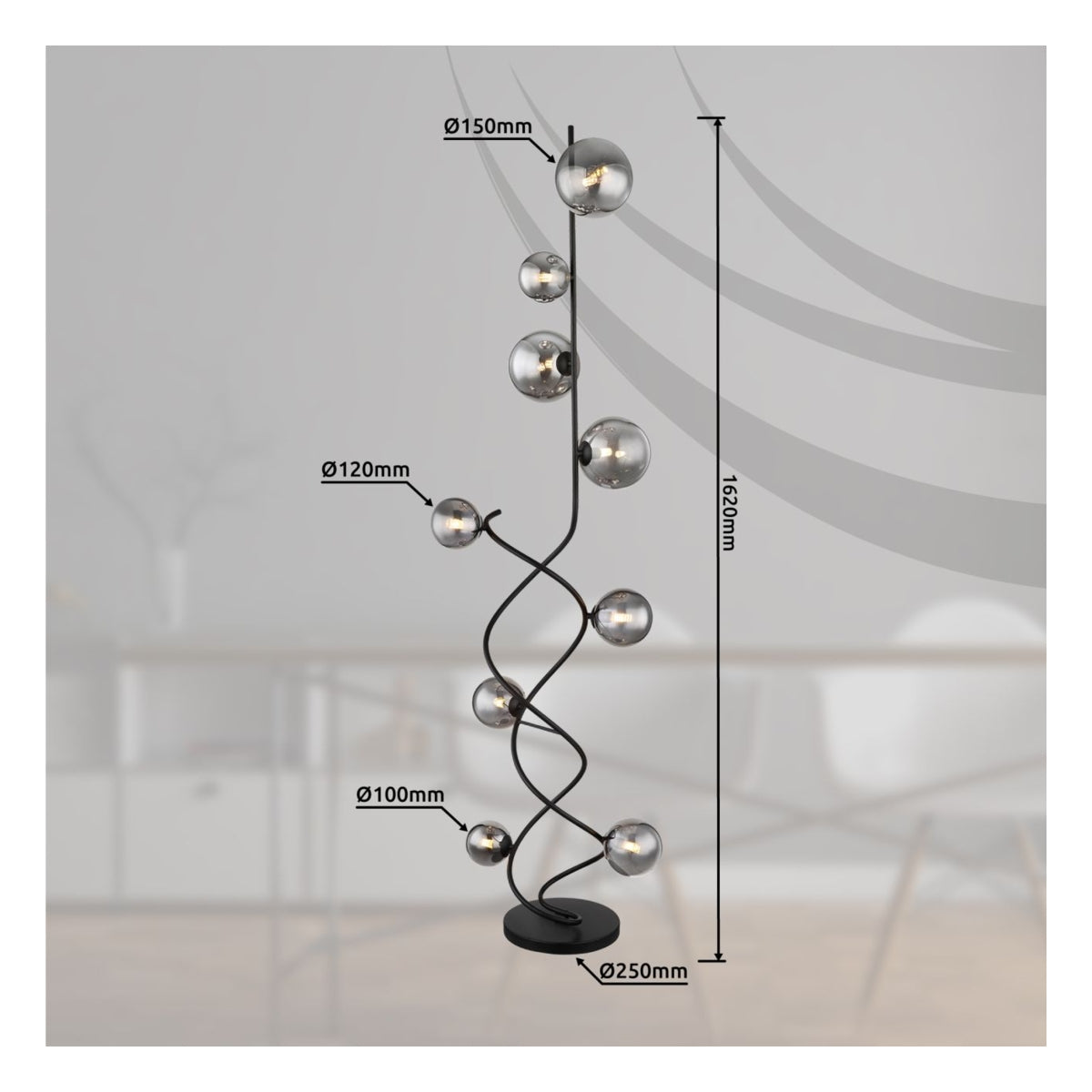 Staande design vloerlamp met zwarte spiraalvormige metalen structuur en meerdere glazen bollen in verschillende diameters (Ø100mm, Ø120mm, Ø150mm), met een totale hoogte van 1620mm en een ronde voet van Ø250mm – vooraanzicht met afmetingen weergegeven, ideaal voor moderne interieurs.