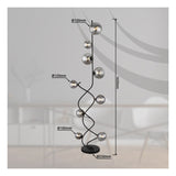 Staande design vloerlamp met zwarte spiraalvormige metalen structuur en meerdere glazen bollen in verschillende diameters (Ø100mm, Ø120mm, Ø150mm), met een totale hoogte van 1620mm en een ronde voet van Ø250mm – vooraanzicht met afmetingen weergegeven, ideaal voor moderne interieurs.