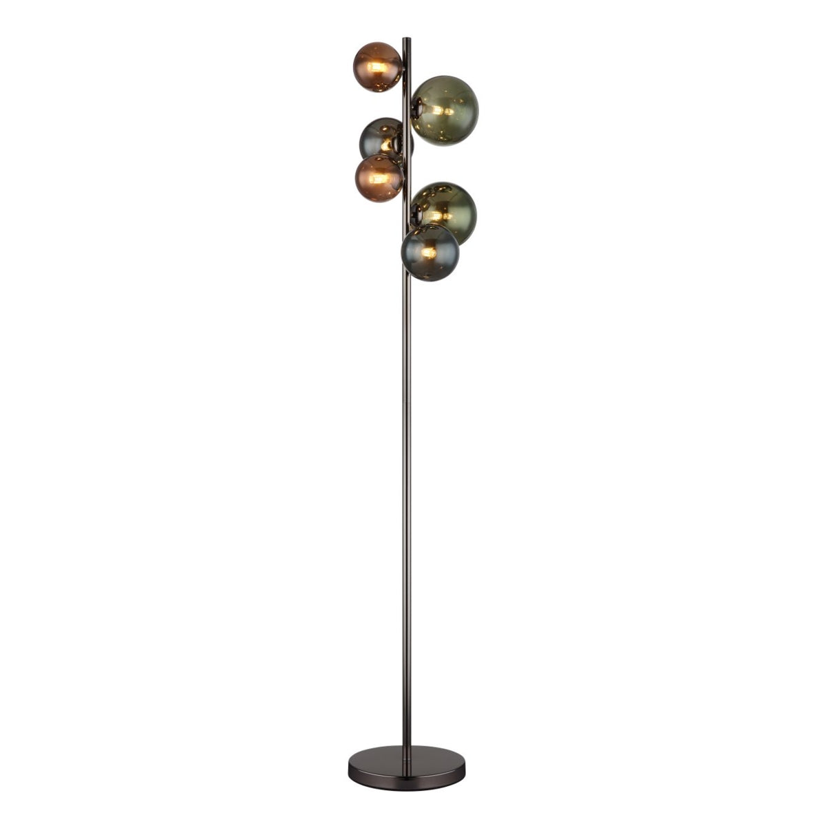 Staande lamp met metalen voet en zes glazen bollen in verschillende kleuren, modern design, vooraanzicht tegen witte achtergrond.