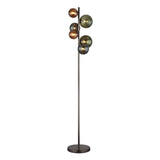Staande lamp met metalen voet en zes glazen bollen in verschillende kleuren, modern design, vooraanzicht tegen witte achtergrond.
