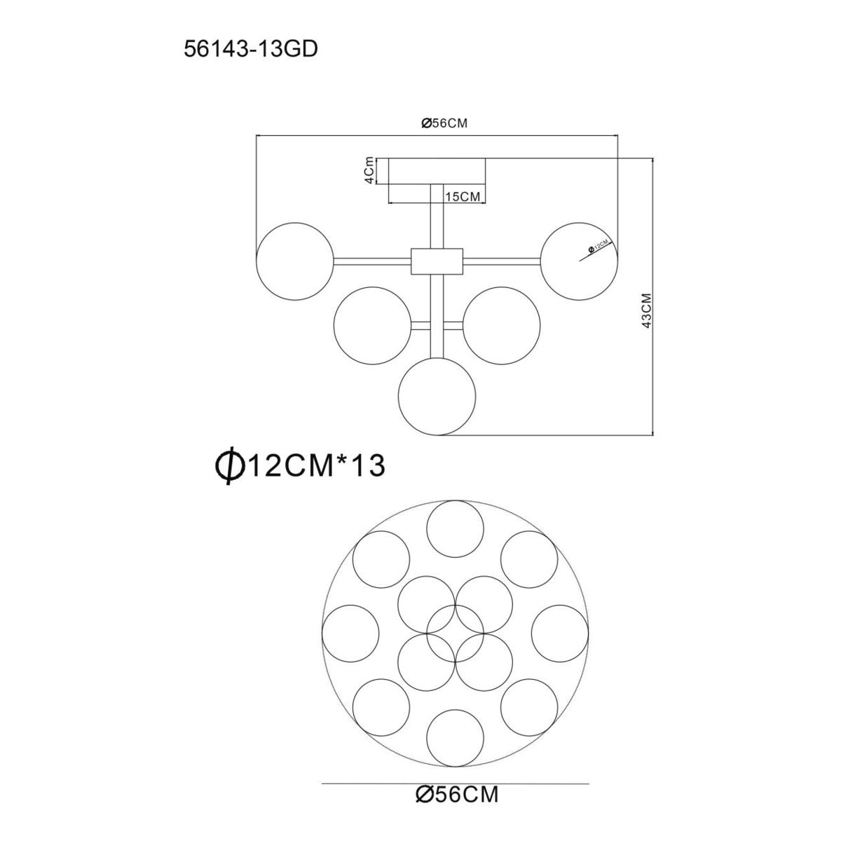Technische tekening van plafondlamp model 56143-13GD met afmetingen en boven- en zijaanzicht, voorzien van 13 lichtpunten met elk een diameter van 12 cm, totale diameter van 56 cm en hoogte van 43 cm.