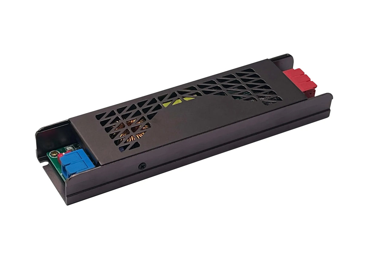 Zijaanzicht van een compacte, rechthoekige LED-driver in metalen behuizing met ventilatieopeningen en gekleurde aansluitklemmen, geschikt voor inbouwtoepassingen in verlichtingssystemen.