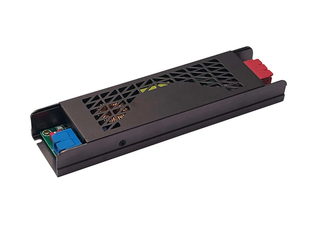 Zijaanzicht van een compacte, rechthoekige LED-driver in metalen behuizing met ventilatieopeningen en gekleurde aansluitklemmen, geschikt voor inbouwtoepassingen in verlichtingssystemen.