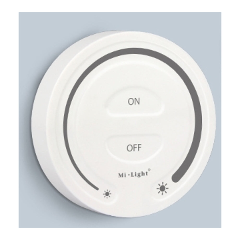 Witte Mi-Light draadloze LED wanddimmer met aan/uit-knoppen en helderheidsregeling, frontaal aanzicht.