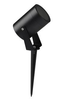 Zwarte moderne tuinspot met grondpen, zijaanzicht, geschikt voor buitenverlichting en accentverlichting in de tuin.