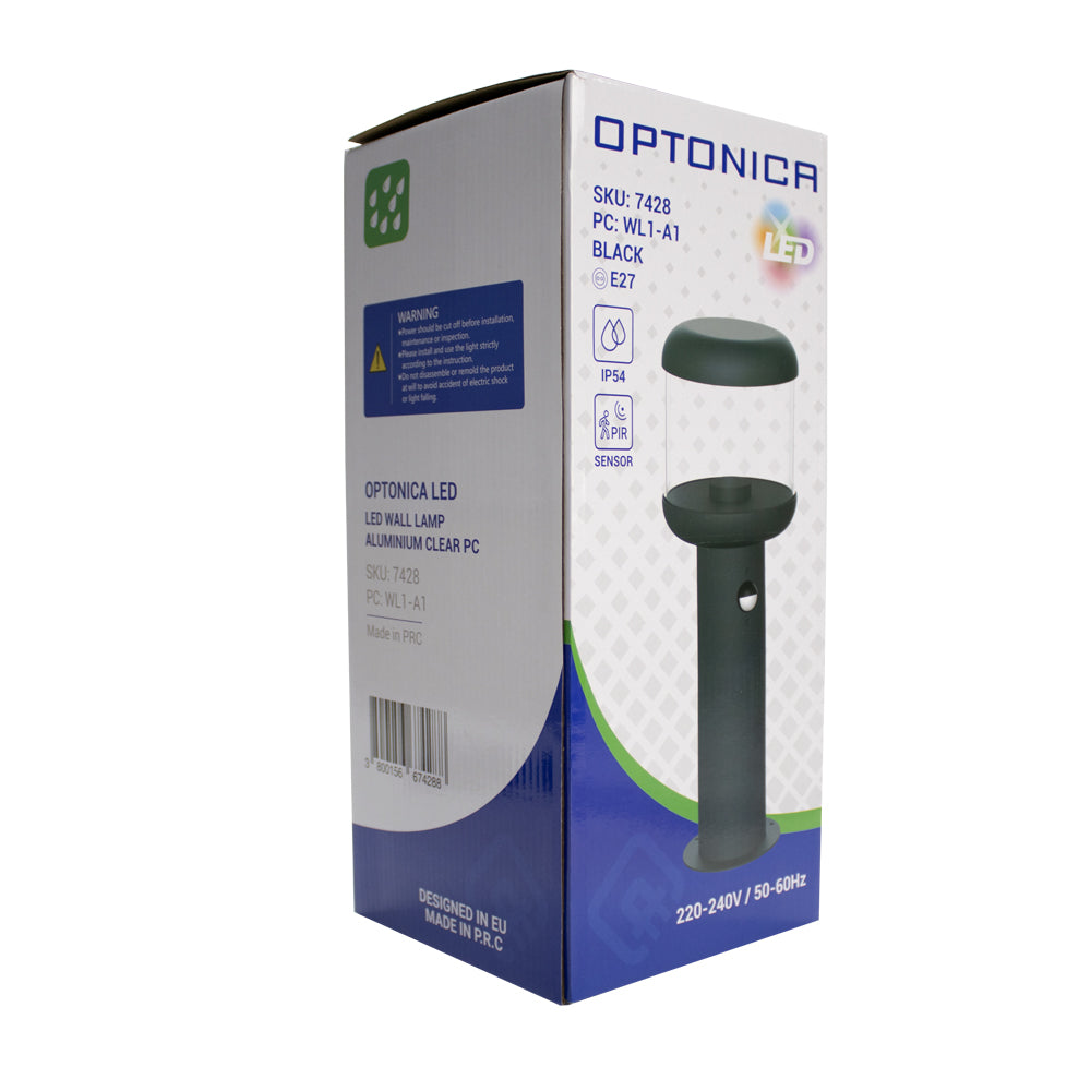 Vooraanzicht van de productdoos van de Optonica LED wandlamp (model WL1-A1, SKU 7428) in zwarte uitvoering met E27 fitting, IP54-classificatie en PIR-sensor, afgebeeld op een witte achtergrond.
