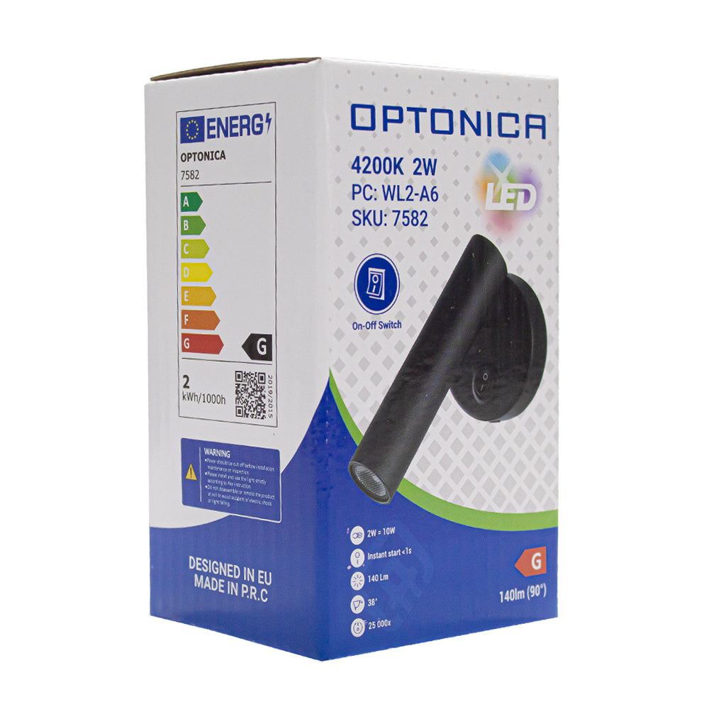 Vooraanzicht van de productverpakking van de Optonica LED wandspot 2W 4200K (model WL2-A6, SKU: 7582), met energieklasse G, 140 lumen lichtopbrengst en geïntegreerde aan/uit-schakelaar.