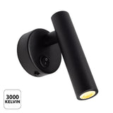 Zwarte LED wandlamp met schakelaar, 3000K warm wit licht, zijaanzicht van moderne cilindervormige spotverlichting voor wandmontage.
