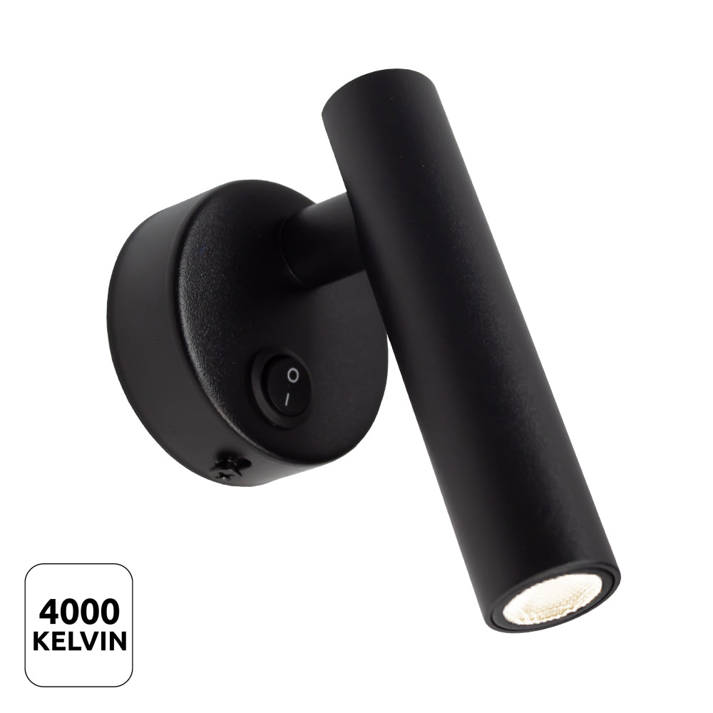 Zwarte LED wandlamp met schakelaar, cilindervormig ontwerp en 4000K neutraal wit licht – schuin vooraanzicht.